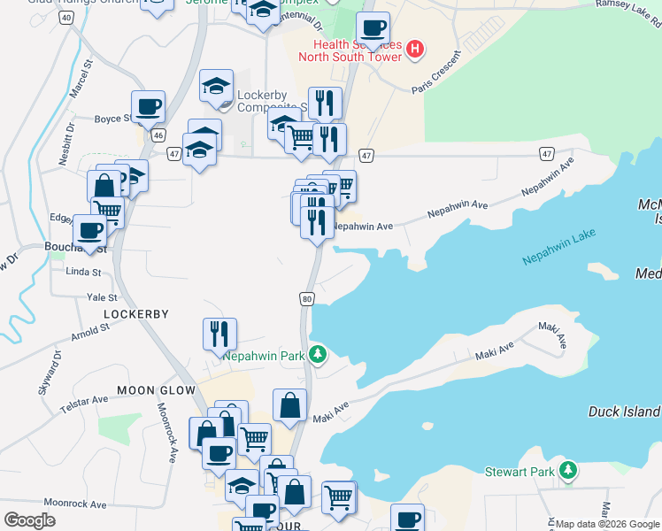map of restaurants, bars, coffee shops, grocery stores, and more near 1544 Paris Street in Greater Sudbury