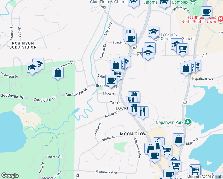 map of restaurants, bars, coffee shops, grocery stores, and more near 55 Edgehill Drive in Greater Sudbury