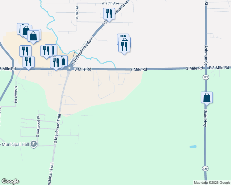 map of restaurants, bars, coffee shops, grocery stores, and more near 391 3 Mile Road in Sault Ste. Marie