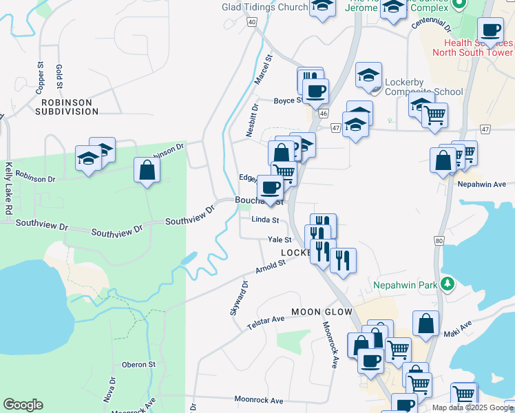 map of restaurants, bars, coffee shops, grocery stores, and more near 55 Edgehill Drive in Greater Sudbury