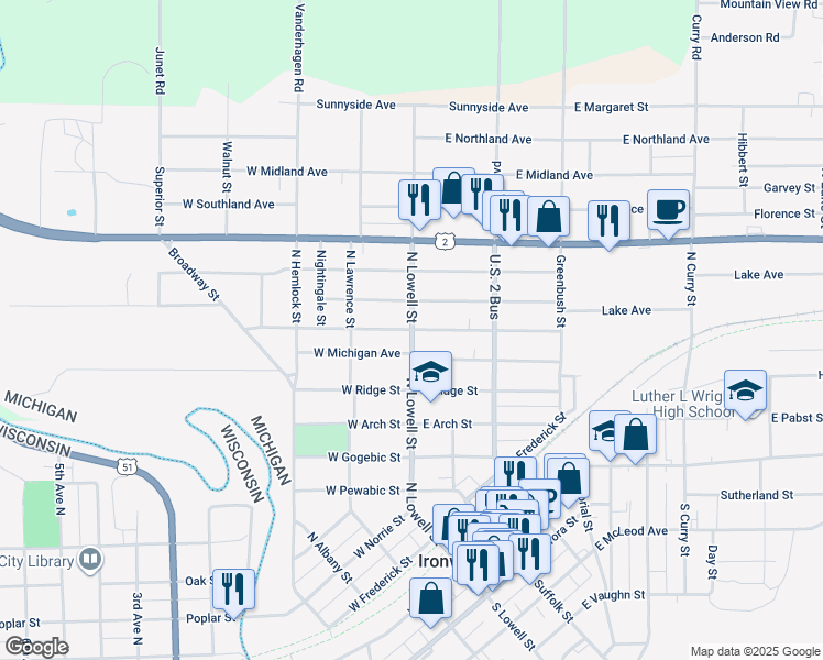map of restaurants, bars, coffee shops, grocery stores, and more near North Lowell Street in Ironwood