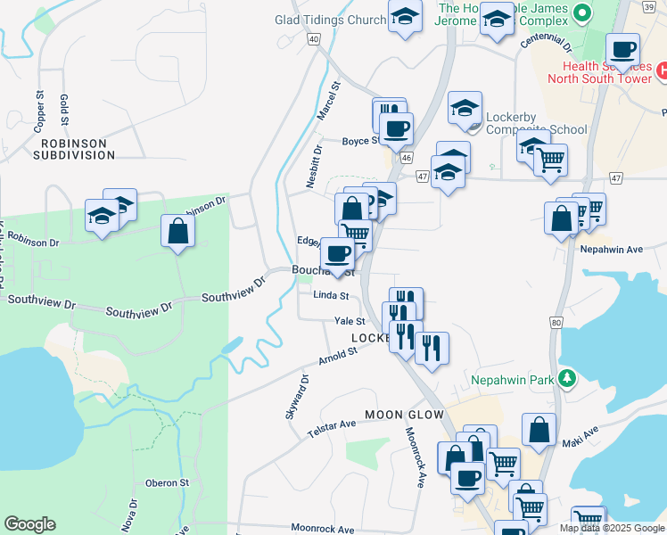 map of restaurants, bars, coffee shops, grocery stores, and more near 55 Edgehill Drive in Greater Sudbury