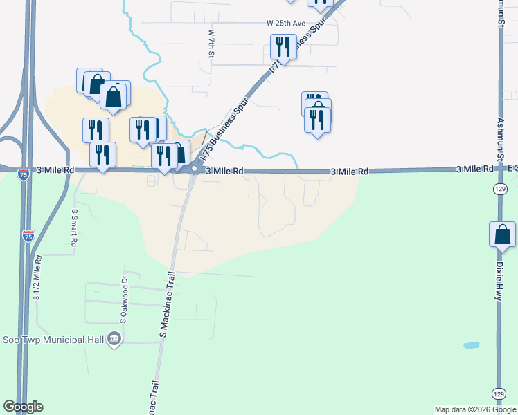 map of restaurants, bars, coffee shops, grocery stores, and more near 3210 Woodfield Boulevard in Sault Ste. Marie