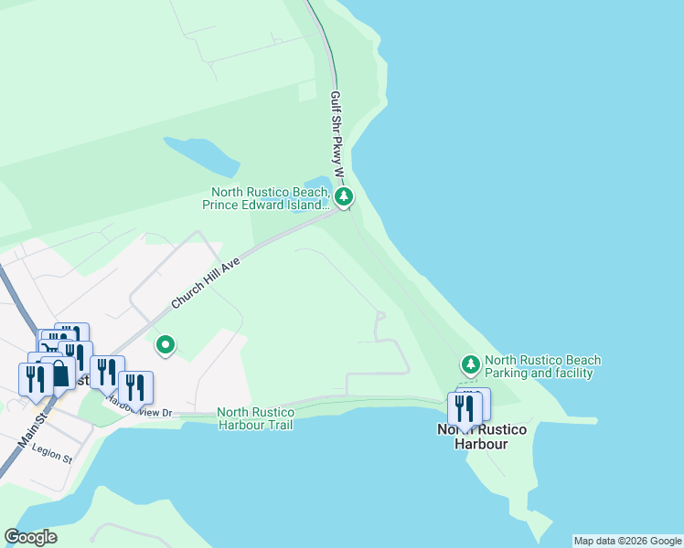 map of restaurants, bars, coffee shops, grocery stores, and more near 156 Lantern Hill Drive in North Rustico
