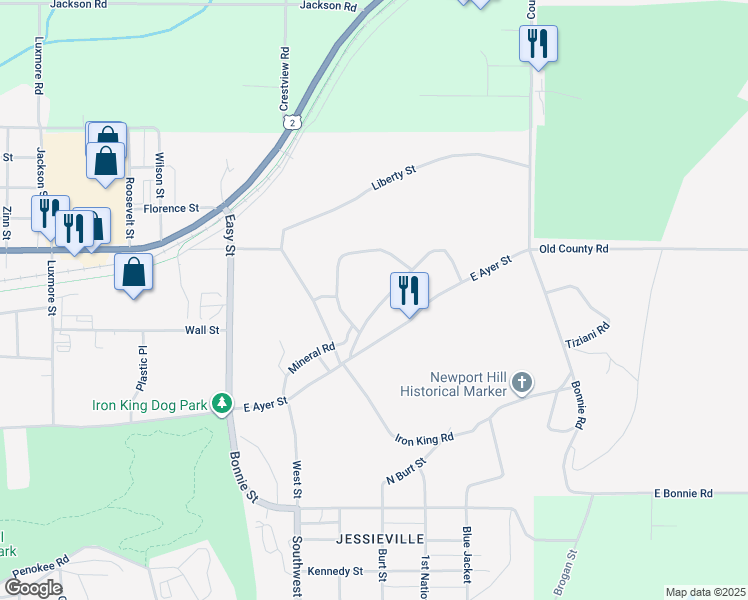 map of restaurants, bars, coffee shops, grocery stores, and more near 1-93 Newport Location Road in Ironwood