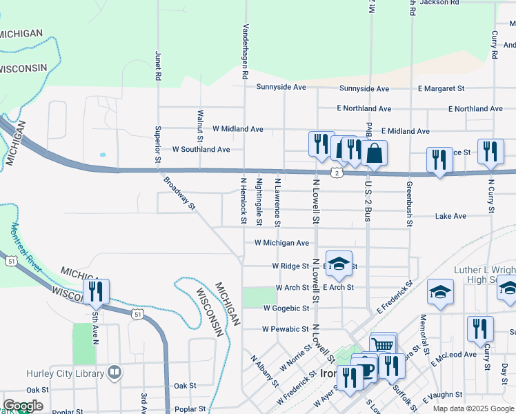 map of restaurants, bars, coffee shops, grocery stores, and more near 301-399 W Francis St in Ironwood
