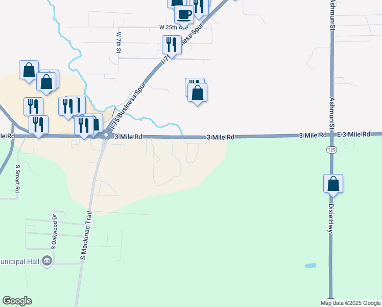 map of restaurants, bars, coffee shops, grocery stores, and more near 391 3 Mile Road in Sault Ste. Marie