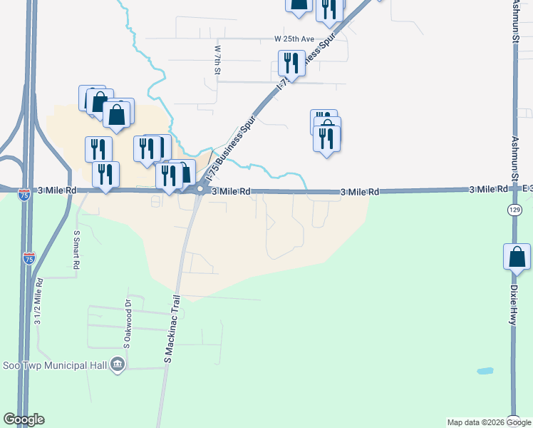 map of restaurants, bars, coffee shops, grocery stores, and more near 3108 Woodfield Boulevard in Sault Ste. Marie
