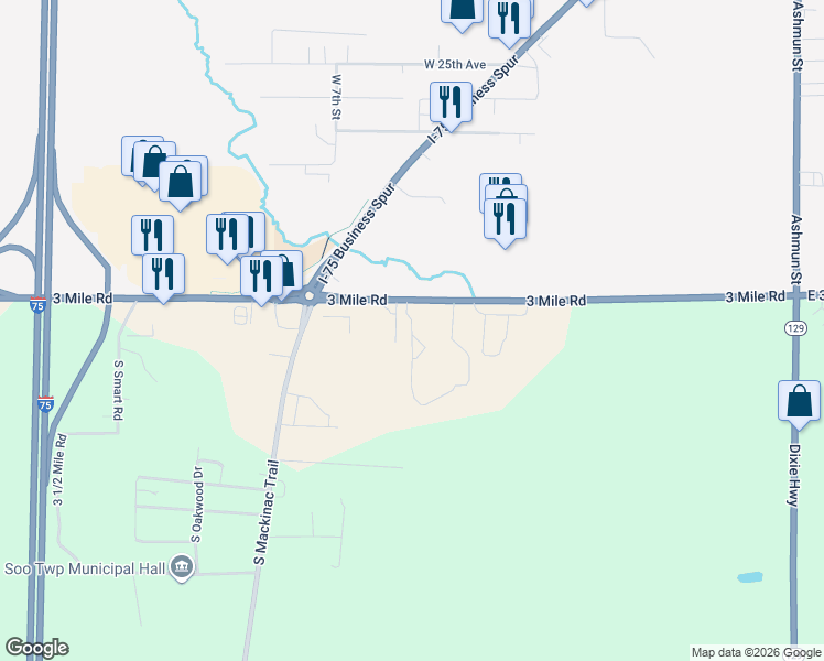 map of restaurants, bars, coffee shops, grocery stores, and more near 3131 Woodfield Boulevard in Sault Ste. Marie