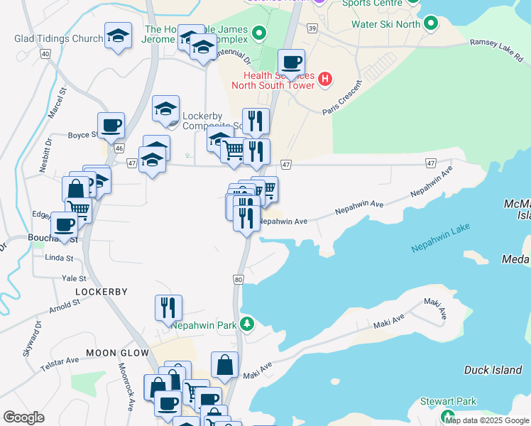 map of restaurants, bars, coffee shops, grocery stores, and more near 1500 Paris Street in Sudbury