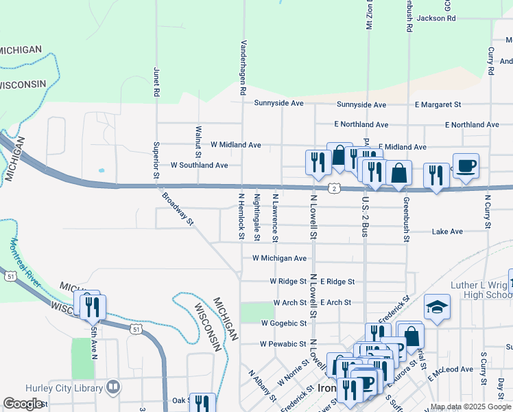 map of restaurants, bars, coffee shops, grocery stores, and more near 399 W Francis St in Ironwood