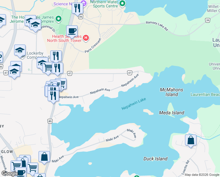 map of restaurants, bars, coffee shops, grocery stores, and more near 250 Nepahwin Avenue in Sudbury