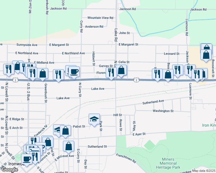 map of restaurants, bars, coffee shops, grocery stores, and more near 648 Lake Avenue in Ironwood