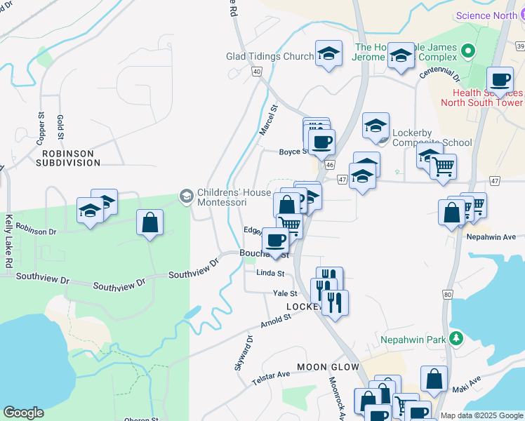 map of restaurants, bars, coffee shops, grocery stores, and more near 1310 Nesbitt Drive in Greater Sudbury