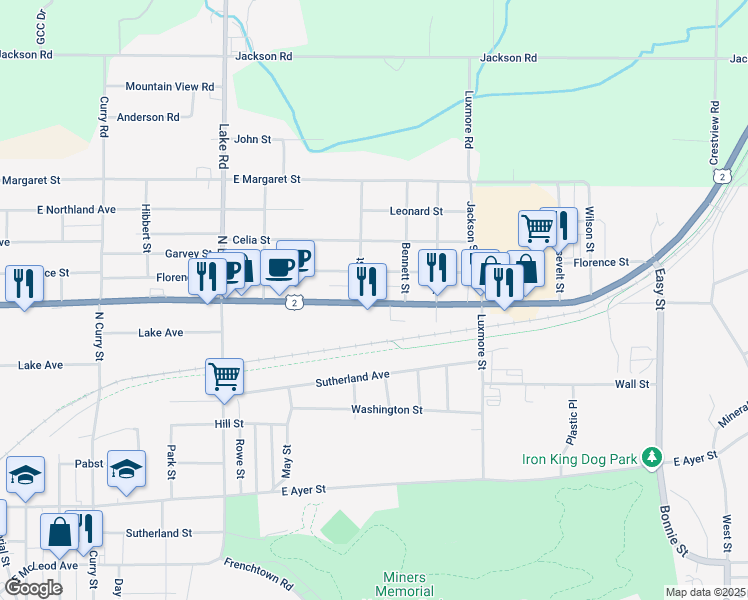 map of restaurants, bars, coffee shops, grocery stores, and more near 1115 Florence Street in Ironwood