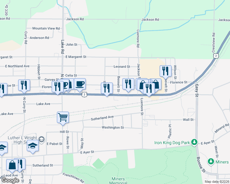 map of restaurants, bars, coffee shops, grocery stores, and more near Bennett in Ironwood