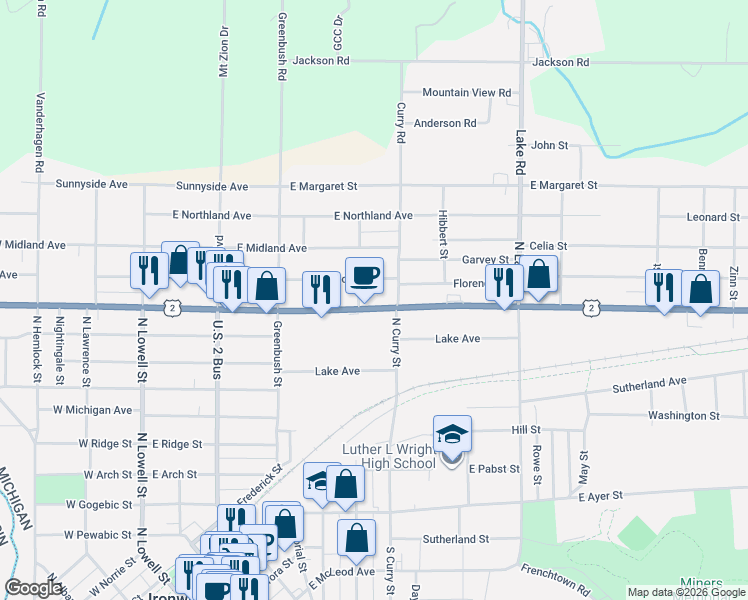 map of restaurants, bars, coffee shops, grocery stores, and more near 523 Florence St in Ironwood