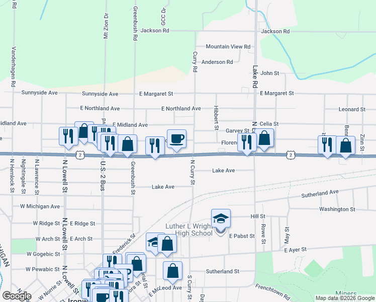 map of restaurants, bars, coffee shops, grocery stores, and more near 523 Florence St in Ironwood