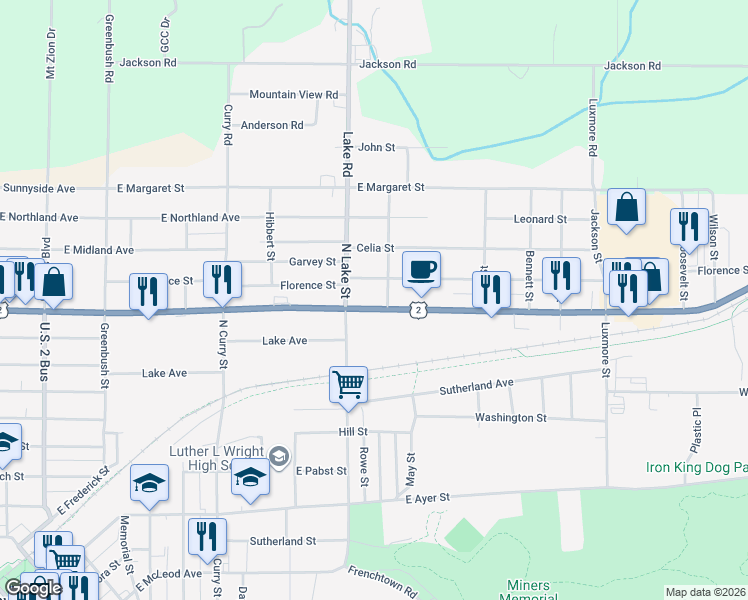 map of restaurants, bars, coffee shops, grocery stores, and more near 801-899 Florence St in Ironwood