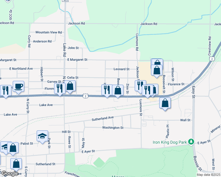 map of restaurants, bars, coffee shops, grocery stores, and more near 1115 Florence Street in Ironwood