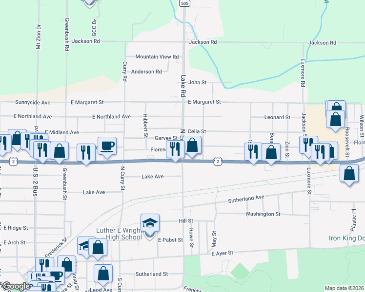 map of restaurants, bars, coffee shops, grocery stores, and more near 801 Florence Street in Ironwood