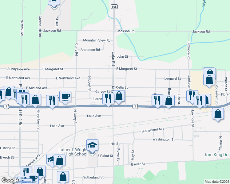 map of restaurants, bars, coffee shops, grocery stores, and more near 801-899 Florence St in Ironwood
