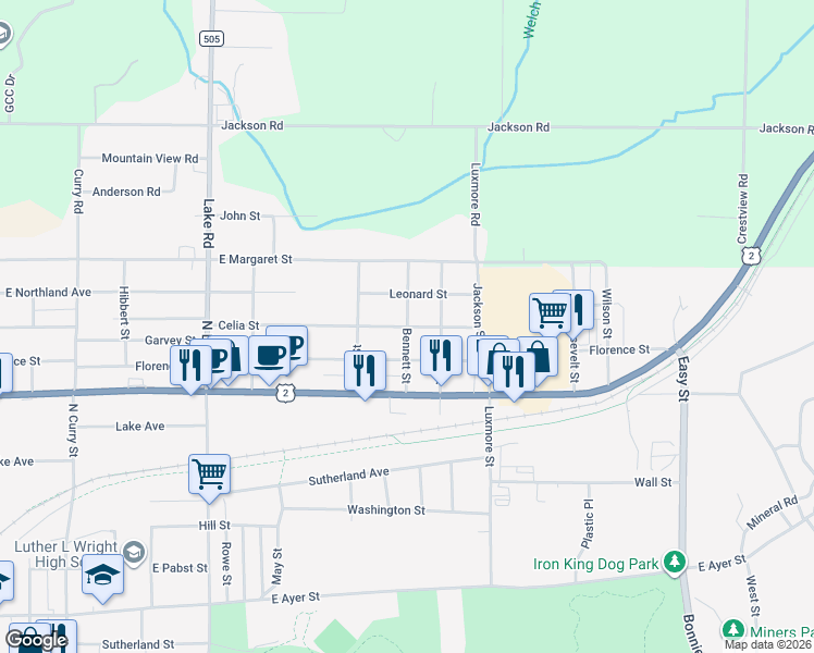 map of restaurants, bars, coffee shops, grocery stores, and more near Bennett Street in Ironwood