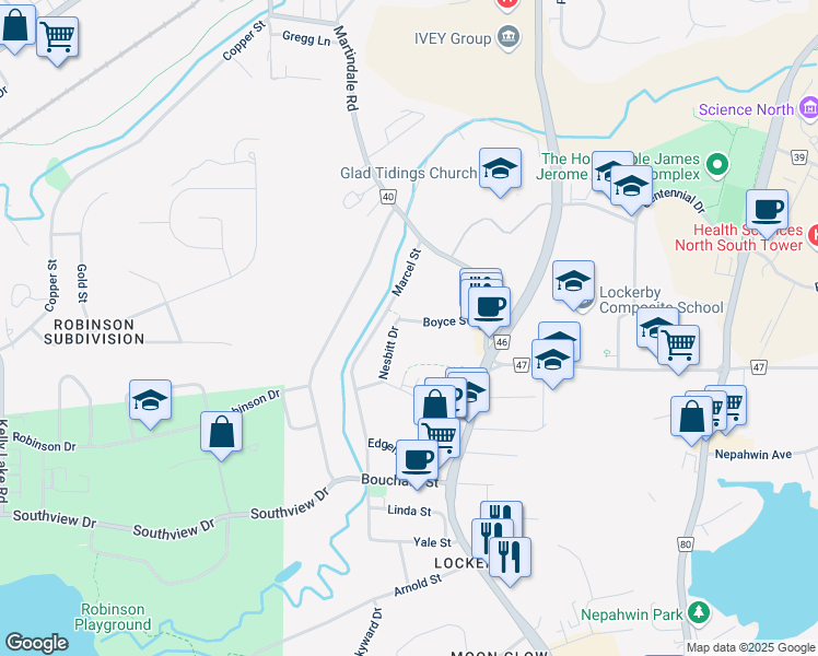 map of restaurants, bars, coffee shops, grocery stores, and more near 473 Boyce Street in Greater Sudbury