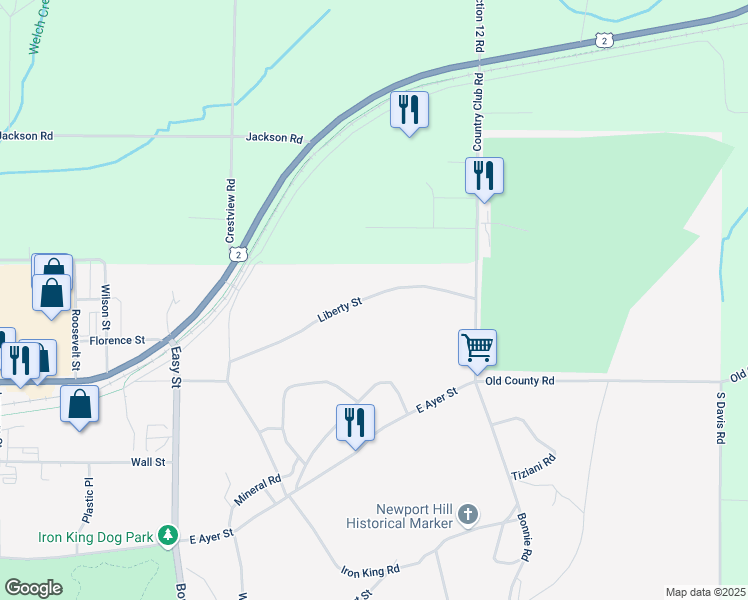 map of restaurants, bars, coffee shops, grocery stores, and more near 1751 Liberty Street in Ironwood