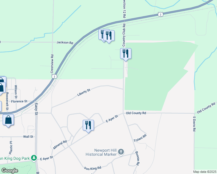 map of restaurants, bars, coffee shops, grocery stores, and more near 1751 Liberty Street in Ironwood