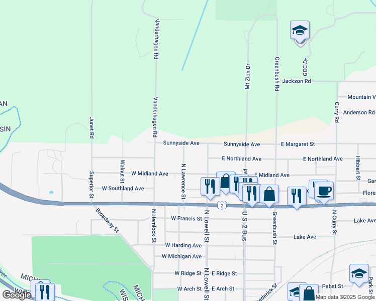 map of restaurants, bars, coffee shops, grocery stores, and more near E4736 Sunnyside Avenue in Ironwood