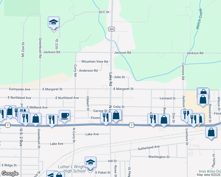 map of restaurants, bars, coffee shops, grocery stores, and more near Lake Road in Ironwood