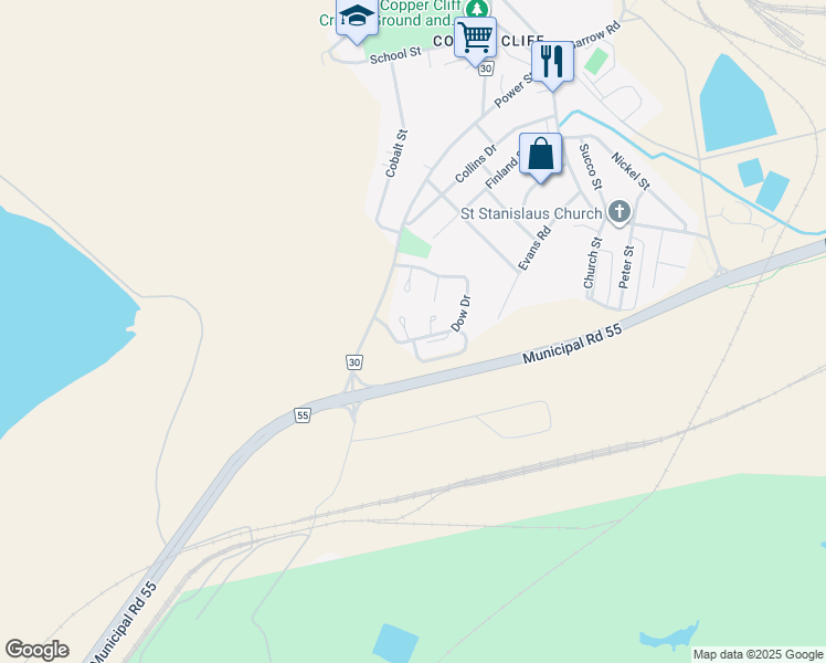 map of restaurants, bars, coffee shops, grocery stores, and more near 120 Dow Drive in Greater Sudbury