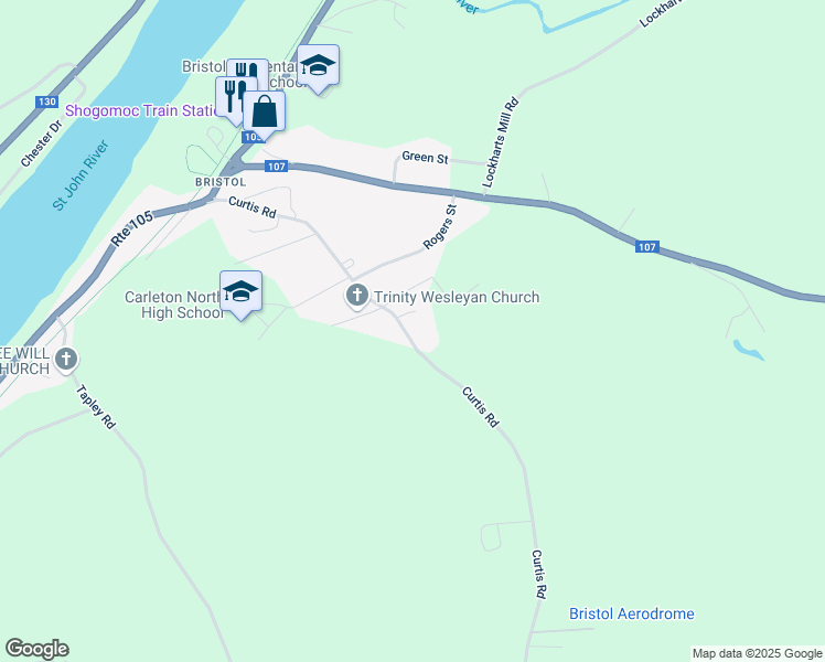 map of restaurants, bars, coffee shops, grocery stores, and more near 69 Curtis Road in Florenceville-Bristol