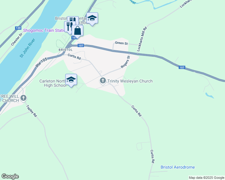 map of restaurants, bars, coffee shops, grocery stores, and more near 69 Curtis Road in Florenceville-Bristol