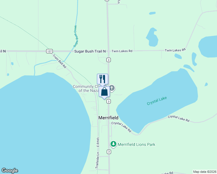 map of restaurants, bars, coffee shops, grocery stores, and more near 21735 County Road 3 in Merrifield
