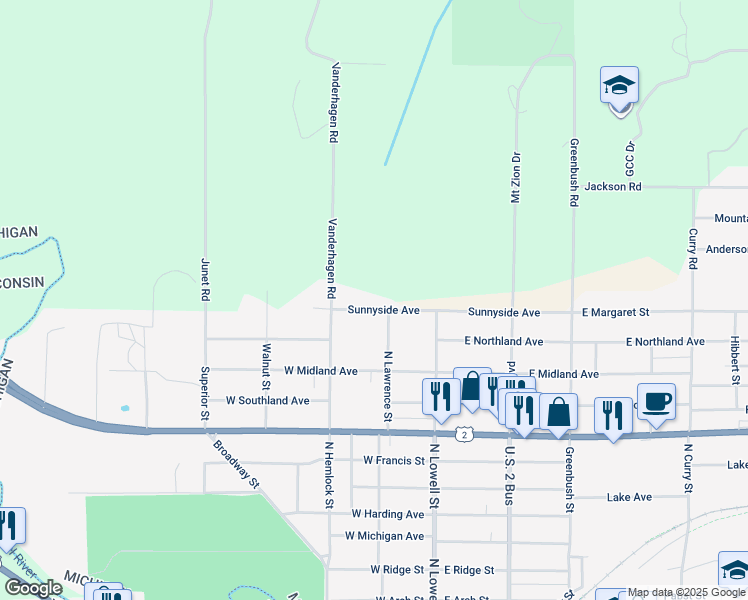 map of restaurants, bars, coffee shops, grocery stores, and more near E4736 Sunnyside Avenue in Ironwood