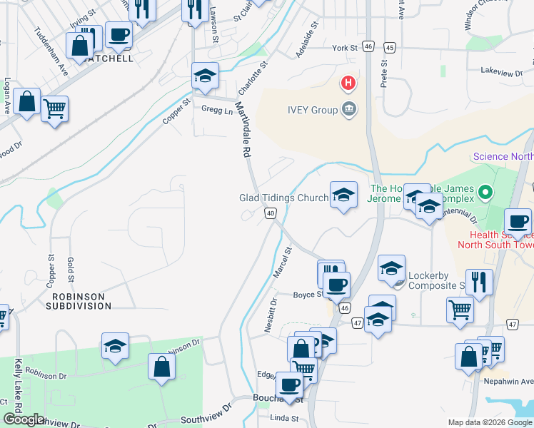 map of restaurants, bars, coffee shops, grocery stores, and more near 1097 Martindale Road in Greater Sudbury