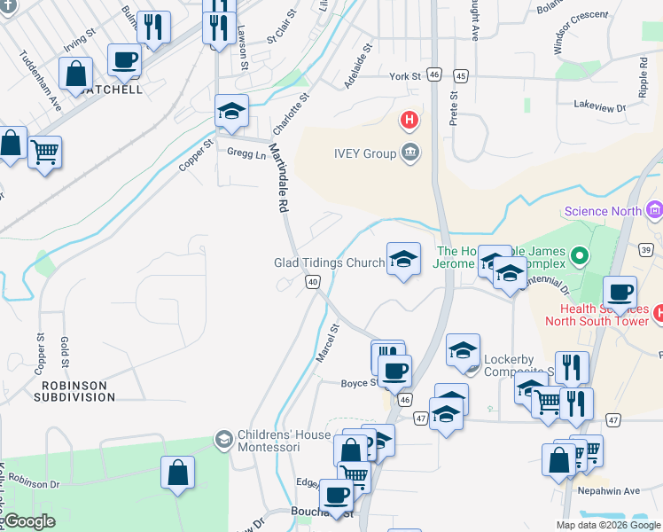 map of restaurants, bars, coffee shops, grocery stores, and more near 1065 Beverly Drive in Sudbury