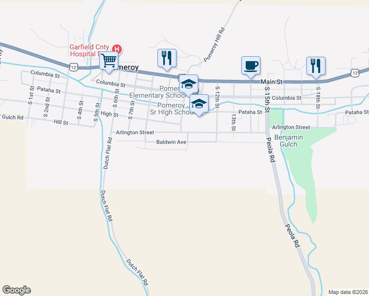 map of restaurants, bars, coffee shops, grocery stores, and more near 8216 Baldwin Avenue in Pomeroy
