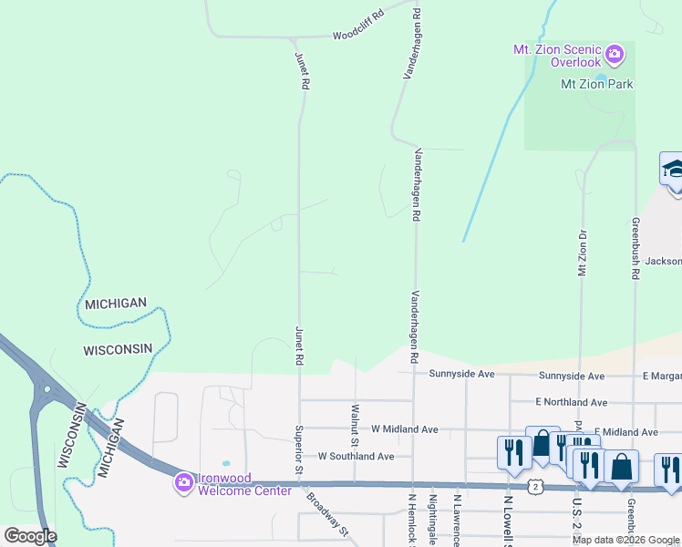 map of restaurants, bars, coffee shops, grocery stores, and more near N10290 Junet Road in Ironwood