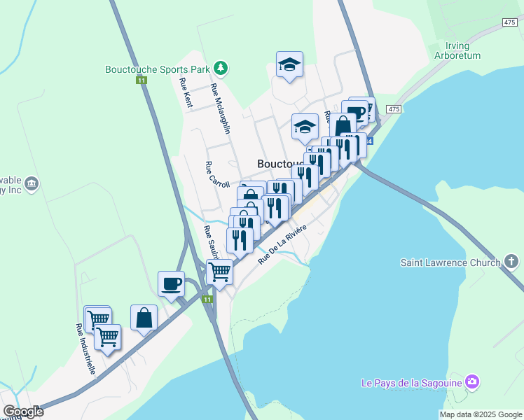 map of restaurants, bars, coffee shops, grocery stores, and more near 10 Rue Michaud in Bouctouche