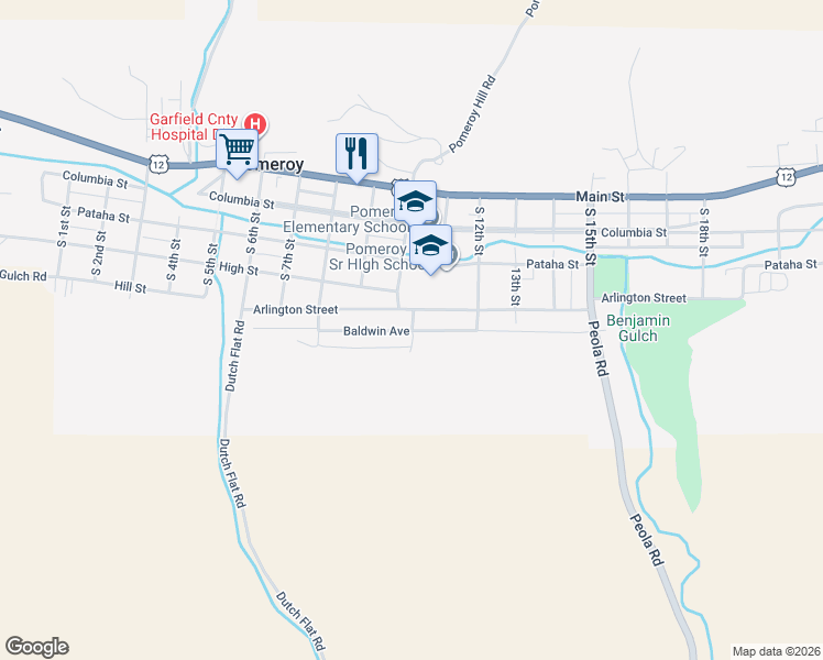 map of restaurants, bars, coffee shops, grocery stores, and more near 8216 Baldwin Avenue in Pomeroy
