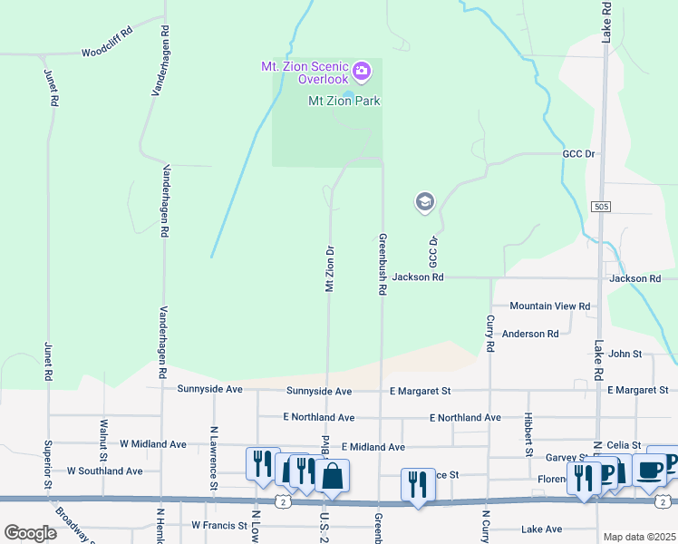 map of restaurants, bars, coffee shops, grocery stores, and more near Mt Zion Dr in Ironwood