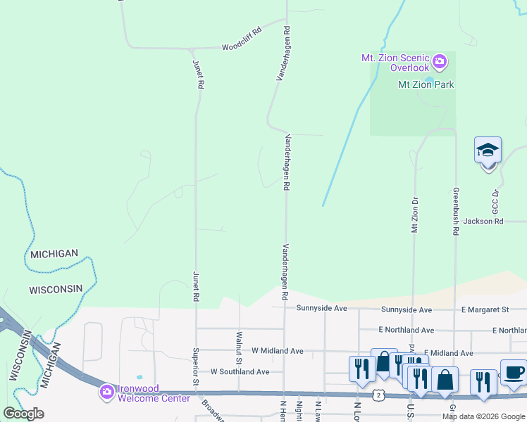 map of restaurants, bars, coffee shops, grocery stores, and more near N10307 Vanderhagen Road in Ironwood