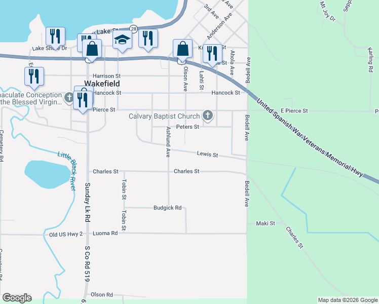 map of restaurants, bars, coffee shops, grocery stores, and more near Lewis Street in Wakefield