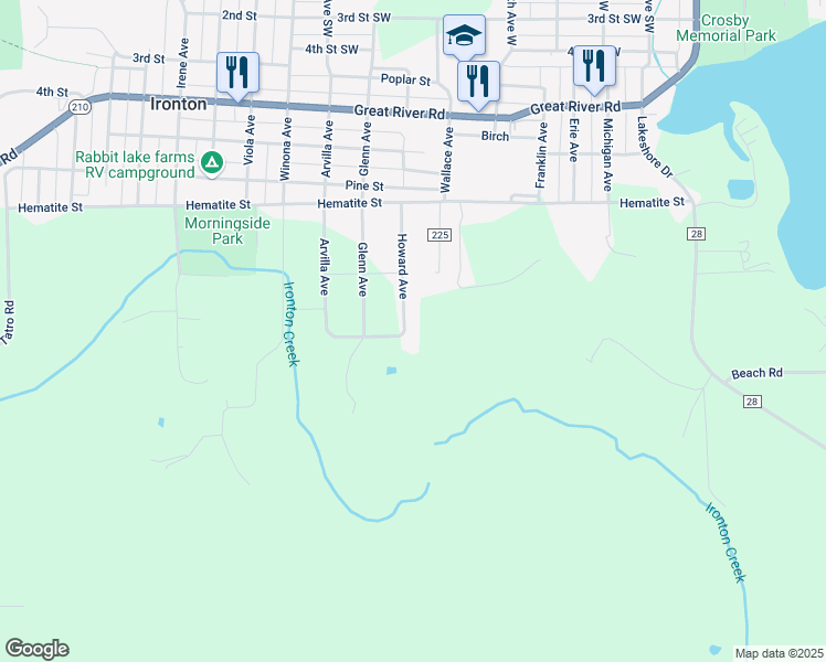 map of restaurants, bars, coffee shops, grocery stores, and more near 21752 Howard Avenue in Ironton
