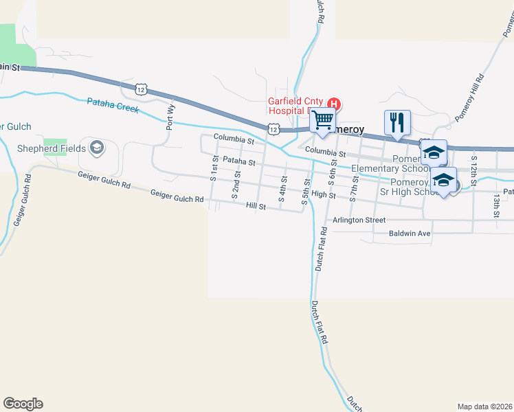 map of restaurants, bars, coffee shops, grocery stores, and more near 300 Hill Street in Pomeroy