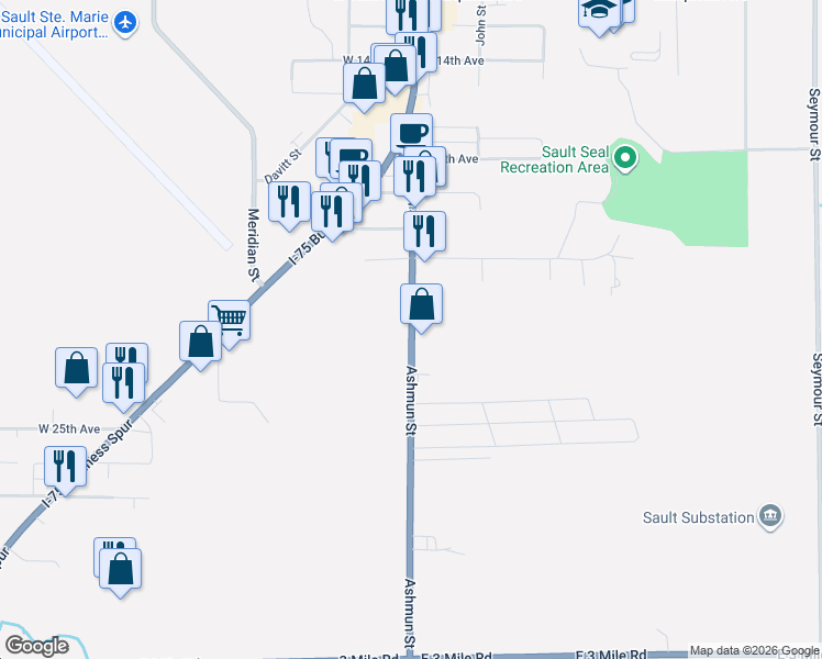 map of restaurants, bars, coffee shops, grocery stores, and more near Michigan 129 in Sault Ste. Marie