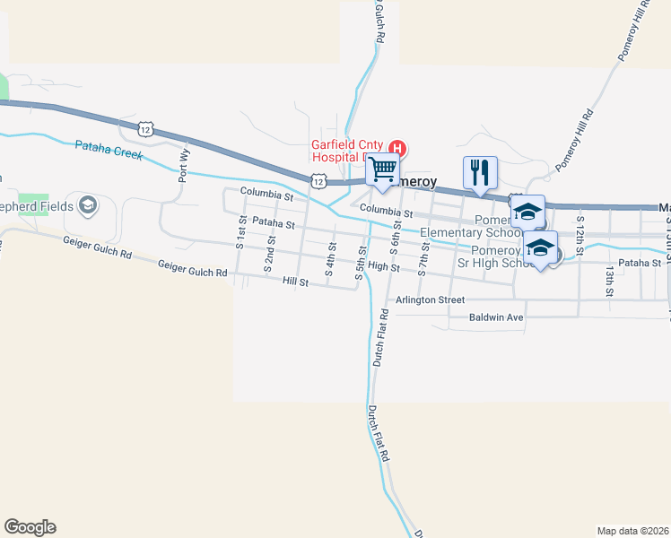 map of restaurants, bars, coffee shops, grocery stores, and more near 371-465 Hill St in Pomeroy